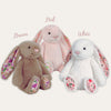 11 inch bunny plushies available in 3 colors.