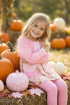 Pink polka dot tunic with pumpkin print and polka dot leggings. OFG62511 AMY