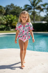 Pink strawberry printed girls swimsuit. SWG60182 AMY