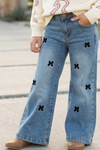 Rhinestones & bow printed straight cut denim pants. PNG60326 JEAN