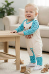 "New Cowboy In Town" Western printed baby romper w/turquoise sleeves. RPB60579 SOL