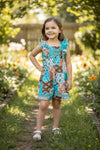 Turquoise & brown western patch printed romper. SR112710-SOL