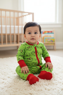  Green & red Grinc* printed baby onesie with fold over footies and hand gloves.