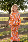 Orange printed floral long sleeve top and matching bottoms. OFG61638 Bre