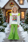 Christmas character long sleeve top and green checkered bell bottoms. OFG63148 AMY