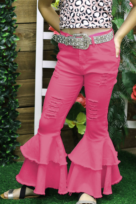 hot pink distressed double layer denim pants.  PNG65153027 Sol