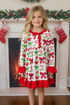 Red bow & Christmas character printed dress with ruffle hem. GLD0423-7-SOL