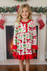 Red bow & Christmas character printed dress with ruffle hem. GLD0423-7-SOL