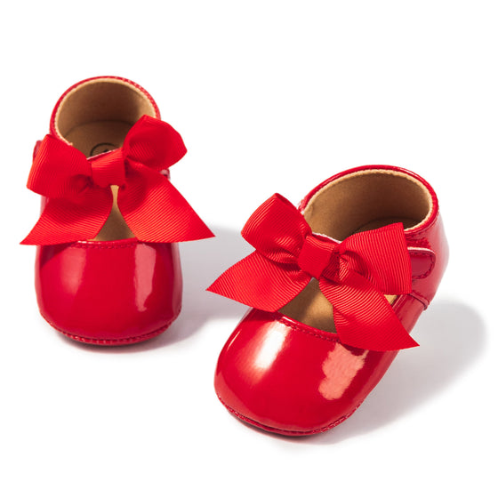 Red infant shoes with red front bow & velcro for easy off on. HMZ1615R