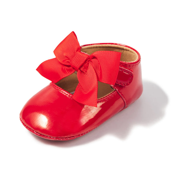 Red infant shoes with red front bow & velcro for easy off on. HMZ1615R