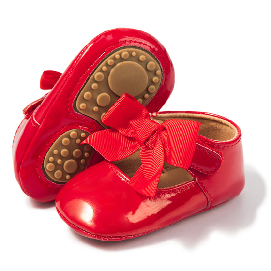 Red infant shoes with red front bow & velcro for easy off on. HMZ1615R