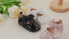 Cute heart pink front satin bow baby shoes. CG5369