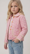 Hot Pink ditsy floral quilted jacket w/ivory lace hem. TPG60367 SOL