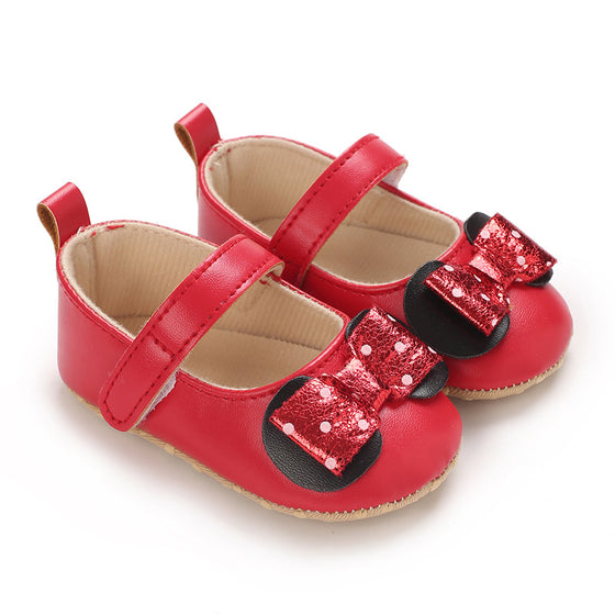 Red dressy baby shoes w/red front bow. BYQ4150R