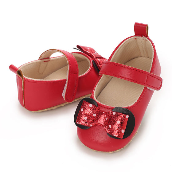 Red dressy baby shoes w/red front bow. BYQ4150R