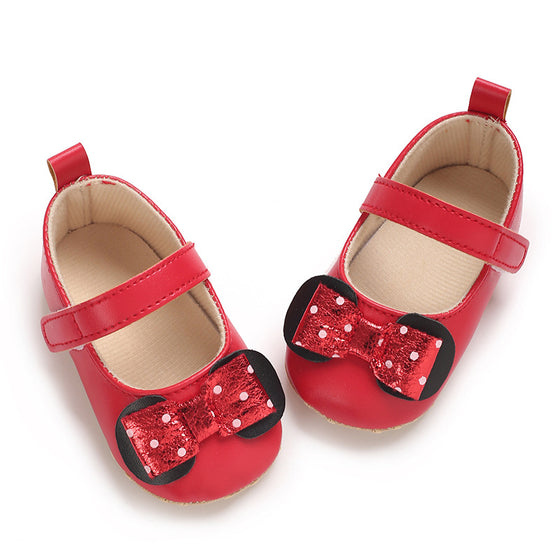 Red dressy baby shoes w/red front bow. BYQ4150R