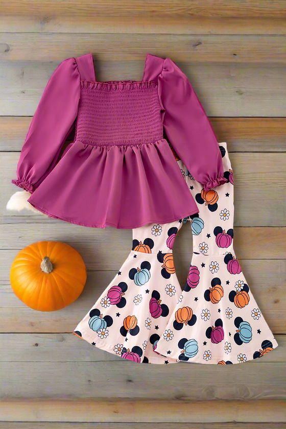 OFG41514 SOL: Plum smoked top with pumpkin printed bell bottoms.