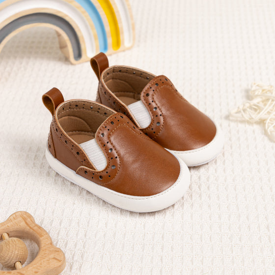 Brown Pleather slide of baby shoes with elastic. CG5112B