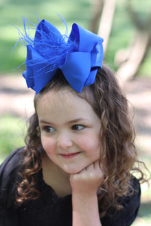  ELECTRIC BLUE DOUBLE LAYER FEATHER HAIR BOWS. 7.5" WIDE 4PCS/$10.00 BW-352-F