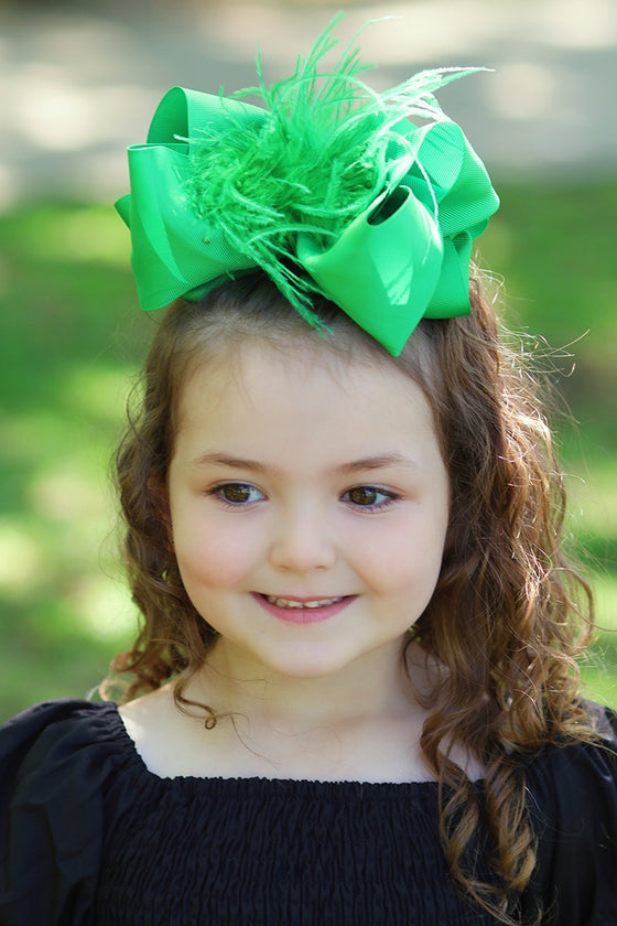 CLASSICAL GREEN FEATHER HAIR BOW 7.50" WIDE 4PCS/$10.00 BW-579-F