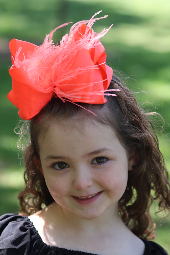 NEON ORANGE  FEATHER BOW 4PCS/$10.00 7.5IN WIDE BW-600-F