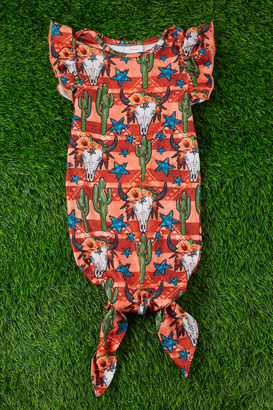 DESSERT CACTUS W/ BULL HEAD PRINTED BABY GOWN. PJG15113008-ONE SIZE