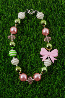  METALLIC PINK & GREEN BUBBLE GUM NECKLACE W/ BOW SIDE PENDANT. 3PCS/$12.00 ACG25173005