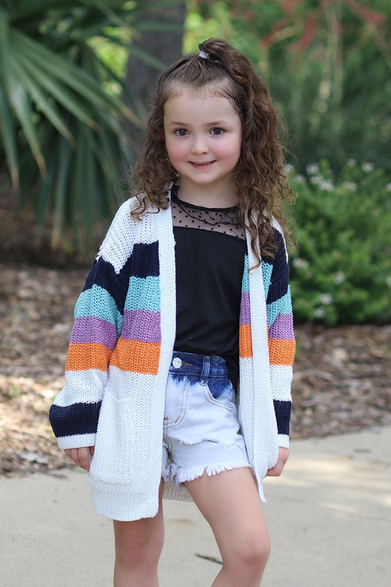 Women Multi-Color stripe knit cardigan w/pockets. SOL