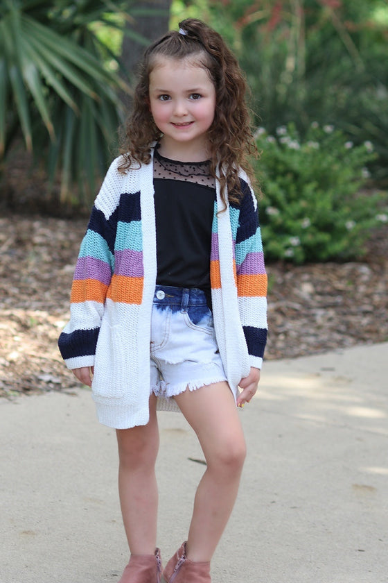 Women Multi-Color stripe knit cardigan w/pockets. SOL