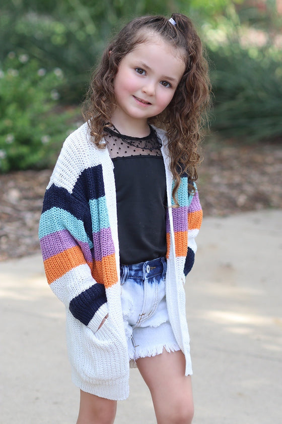 Women Multi-Color stripe knit cardigan w/pockets. SOL