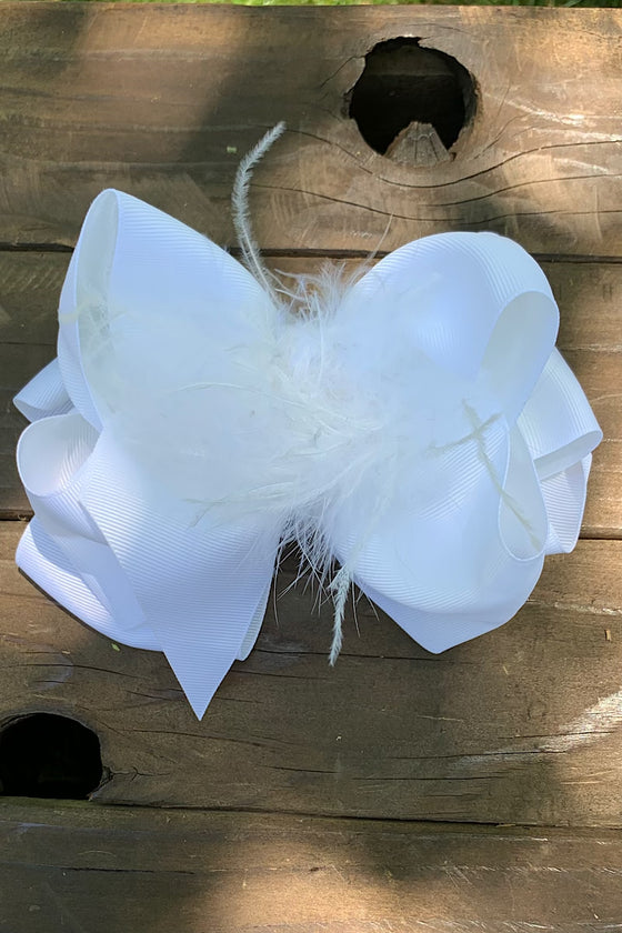 WHITE FEATHER BOW 4PCS/$10.00 7.5IN WIDE BW-029-F