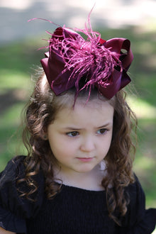  BURGUNDY FEATHER HAIR BOW 7.50" WIDE 4PCS/$10.00 BW-277-F