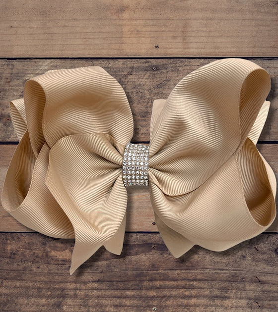 TAN 7.5" RHINESTONE HAIRBOWS/ DOUBLE LAYER. 5PCS/$10.00 BW-835-S