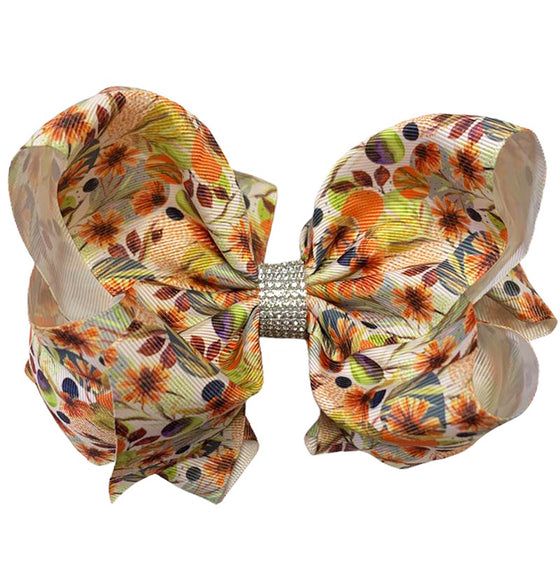 ESPOMA BLOOM FALL PRINTED HAIR BOW WITH RHINESTONES 7.5" WIDE DOUBLE LAYER. 4PCS/$10.00 BW-DSG-229
