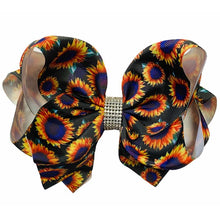  SUNFLOWER PRINTED HAIR BOW WITH RHINESTONES 7.5" WIDE DOUBLE LAYER. 4PCS/$10.00 BW-DSG-231