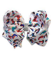  CHICKEN & ROOSTER PRINTED RHINESTONE HAIR BOW 7.5" WIDE 4PCS/$10.00 BW-DSG-244