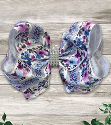  PURPLE FLOWER PRINTED HAIR BOWS WITH RHINESTONES 7.5IN WIDE 4PCS/$10.00 BW-DSG-380