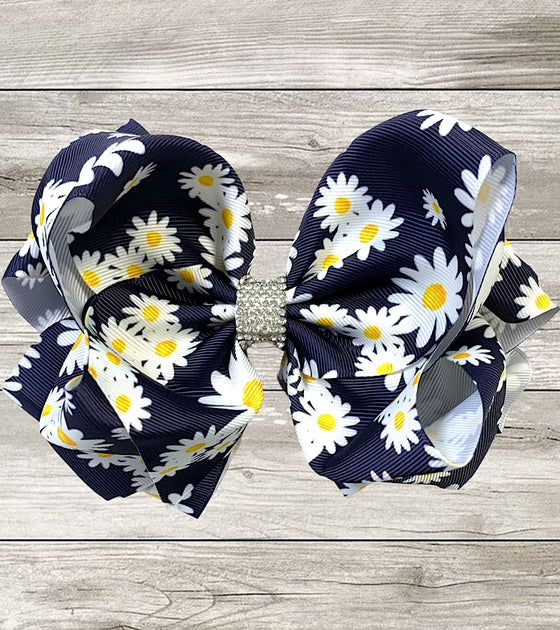 NAVY BLUE DAISY PRINTED HAIR BOWS WITH RHINESTONES 7.5IN WIDE 4PCS/$10.00 BW-DSG-383