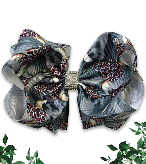CAMOUFLAGE & COWSKULL PRINTED HAIR BOWS WITH RHINESTONES 7.5IN WIDE 4PCS/$10.00 BW-DSG-390