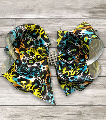  MULTI COLOR CHEETAH PRINTED HAIR BOWS WITH RHINESTONES 7.5IN WIDE 4PCS/$10.00 DSG-393