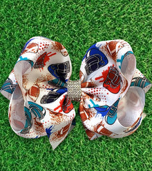  FOOTBALL  PRINTED HAIR BOWS WITH RHINESTONES 7.5IN WIDE 4PCS/$10.00 BW-DSG-393