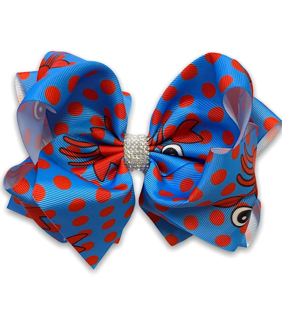 RED CRAB PRINTED ON BLUE HAIR BOWS. (7.5" WIDE DOUBLE LAYER) 4PCS/$10.00 BW-DSG-417