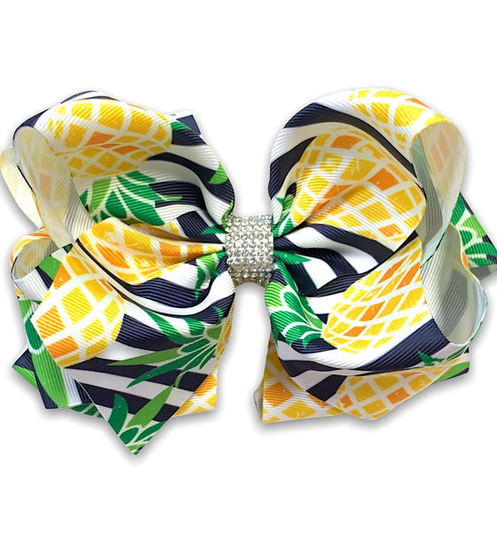 PINEAPPLE & NAVY BLUE STRIPE HAIR BOWS. (7.5" WIDE DOUBLE LAYER) 4PCS/$10.00 BW-DSG-418