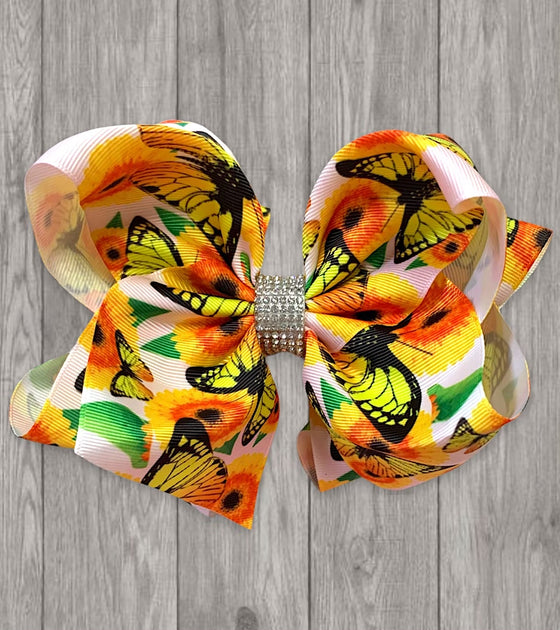 BUTTERFLIES & SUNFLOWERS PRINTED HAIR BOWS. (7.5" WIDE DOUBLE LAYER) 4PCS/$10.00 BW-DSG-437