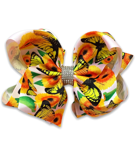 BUTTERFLIES & SUNFLOWERS PRINTED HAIR BOWS. (7.5" WIDE DOUBLE LAYER) 4PCS/$10.00 BW-DSG-437