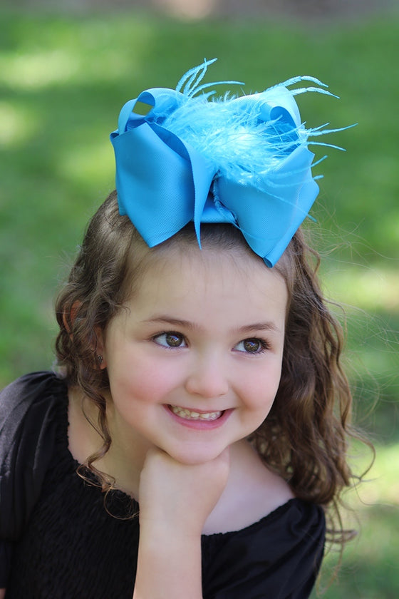 TURQUOISE  FEATHER HAIR BOW 7.50" WIDE 4PCS/$10.00 BW-340-F