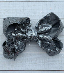  Charcoal  grey sequins hair bow 7.5”wide 5pcs/$10.00 BW-077-SQ