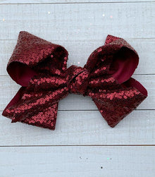  7.5" WIDE BURGUNDY SEQUINS HAIR BOWS. 5PCS/$10.00 BW-275-SQ