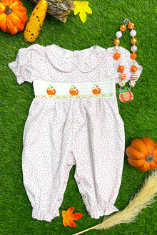  (ONLINE ONLY) PINK FLORAL PRINT SMOCK BABY ROMPER WITH PUMPKIN EMBROIDERY. RPG401522010