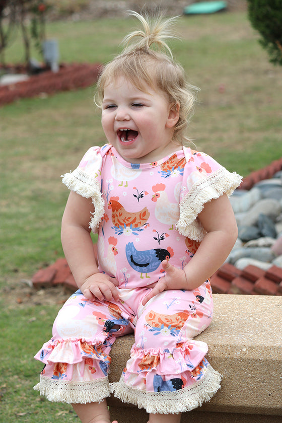 HEN PRINTED BABY ROMPER W/TASSEL DETAIL. RPG25113003-SOL